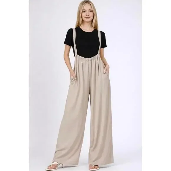 Zenana Wide Leg Tie Back Suspender Jump Suit Tan Multiple Sizes - Picture 1 of 5